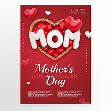 3d mothers day creative red greeting card Template