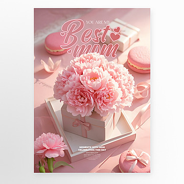 cartoon illustration carnation macaron gift box happy mothers day holiday blessing poster Template