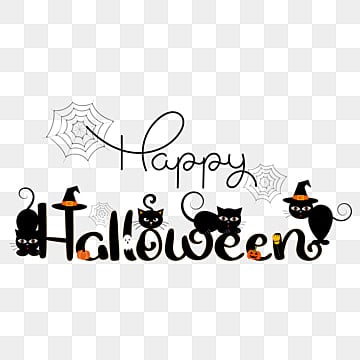 happy halloween text hand drawn with cats and halloween elements PNG