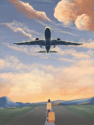 hand painted fictional real life  road   pulling a travel suitcase, Festival, Aircraft travel suitcase png picture