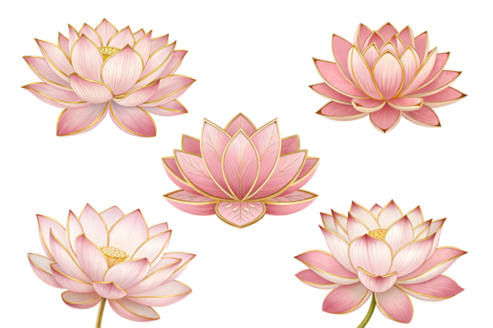 a detailed illustration of pink lotus flower with golden borders emphasizing symmetry and spirituality the petals should have varying sizes, Yellow Flower, Serene, Green Lotus Leaf PNG Image and Clipart