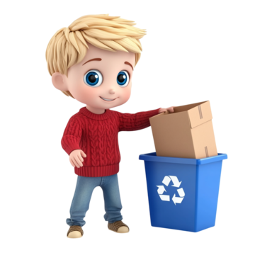 cartoon boy practicing sustainability with recycle bin, 3d Eco Kid, Cartoon Recycling Boy, Sustainable Children Illustration PNG Image and Clipart