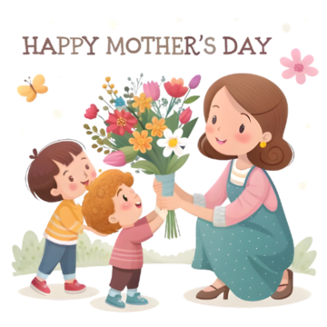 happy mothers day text with illustration of childrens presenting flowers, Happy Mother S Day Text, Mother And Children, Children Present Flower PNG Image and Clipart