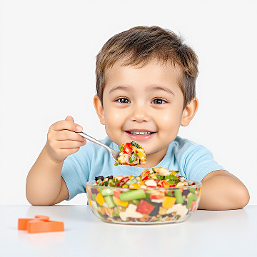 Joyful Mealtime A Happy Toddler Enjoying a Colorful Feast