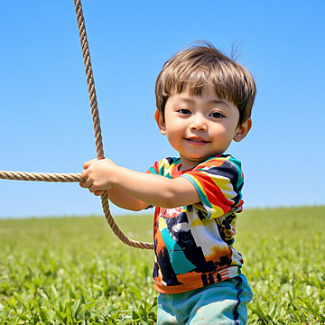 Joyful Playtime A Young Child Pulling a Rope in the Sunlight