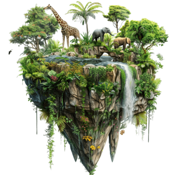 jungle with animal on a floating island jungle island tree png, Jungle, Island, Tree PNG Image and Clipart