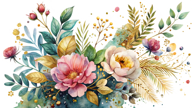 pink red and yellow watercolor flower bouquet rose vintage antique with leaf flower red pink png, Flower, Red, Pink PNG Image and Clipart