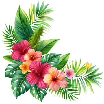 tropical floral corner with hibiscus and palm leaves tropical flowers hibiscus palm leaves png, Tropical Flowers, Hibiscus, Palm Leaves PNG Image and Clipart