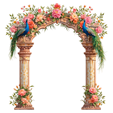 wedding decoration pillar arch with peacock and flower illustration temple arch and pillar decorated with flower transparent stage decoration arch with two peacocok wedding png, Illustration Temple Arch And Pillar Decorated With Flower, Transparent Stage Decoration Arch With Two Peacocok, Wedding PNG Image and Clipart